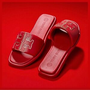 Tory Burch Red Gold Double T Logo Slide Sandals Size 6.5